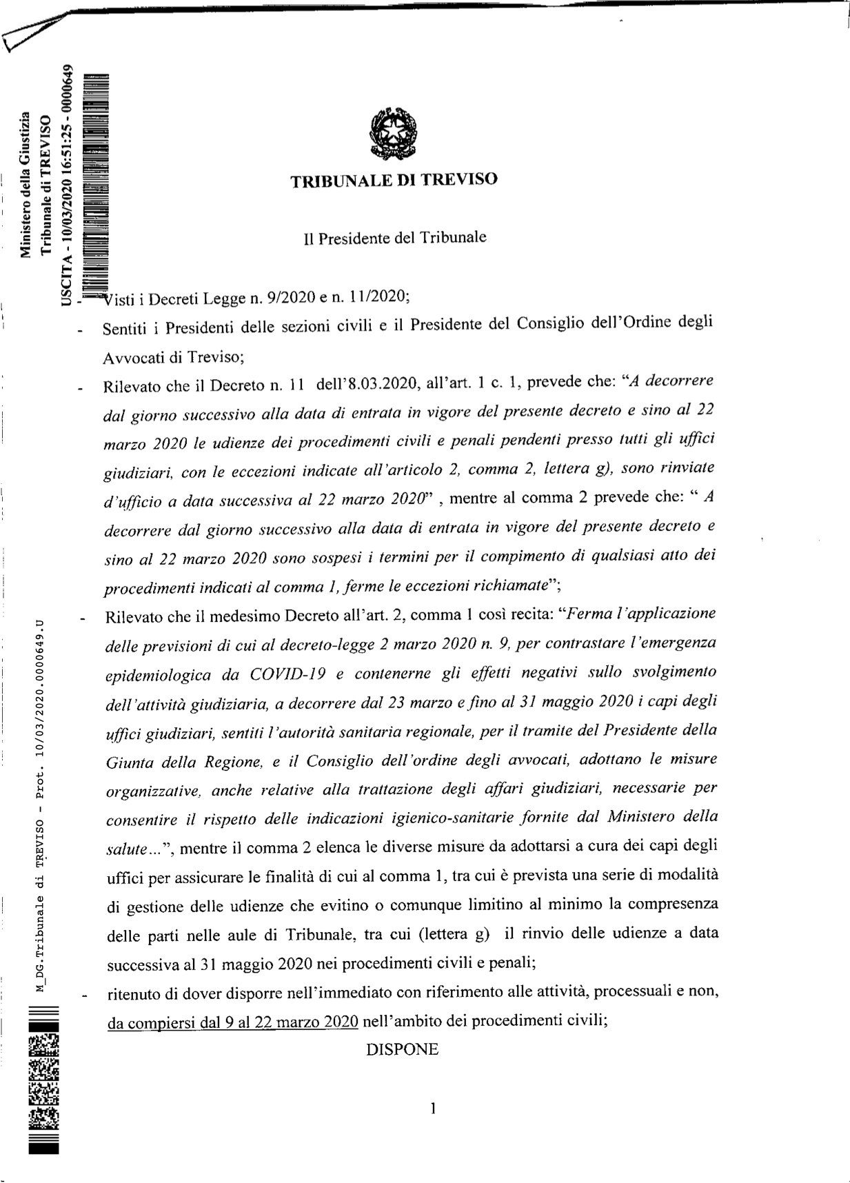  Provvedimento del Presidente del Tribunale in data 10.3.2020 per le materie civili